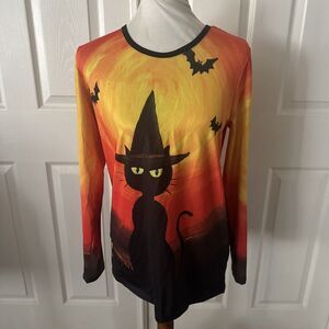 Serengeti Womens Halloween Top Sz Medium Cat Bat Holiday Orange Stretch Festive